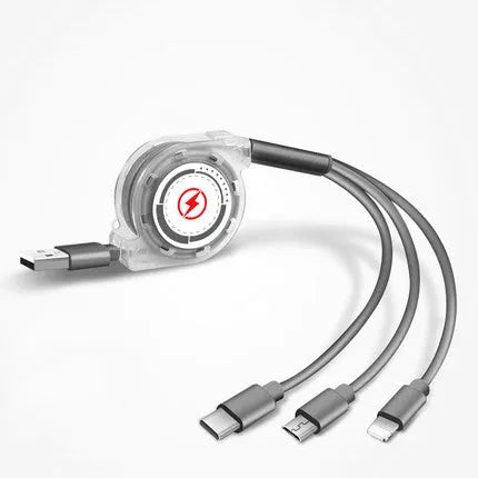 Black telescopic 3-in-1 charging cable with titanium alloy connectors extended on a white background.