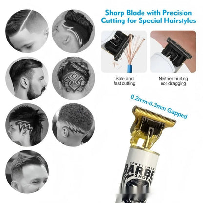Rechargeable stainless steel hair clipper kit with USB cable on a table