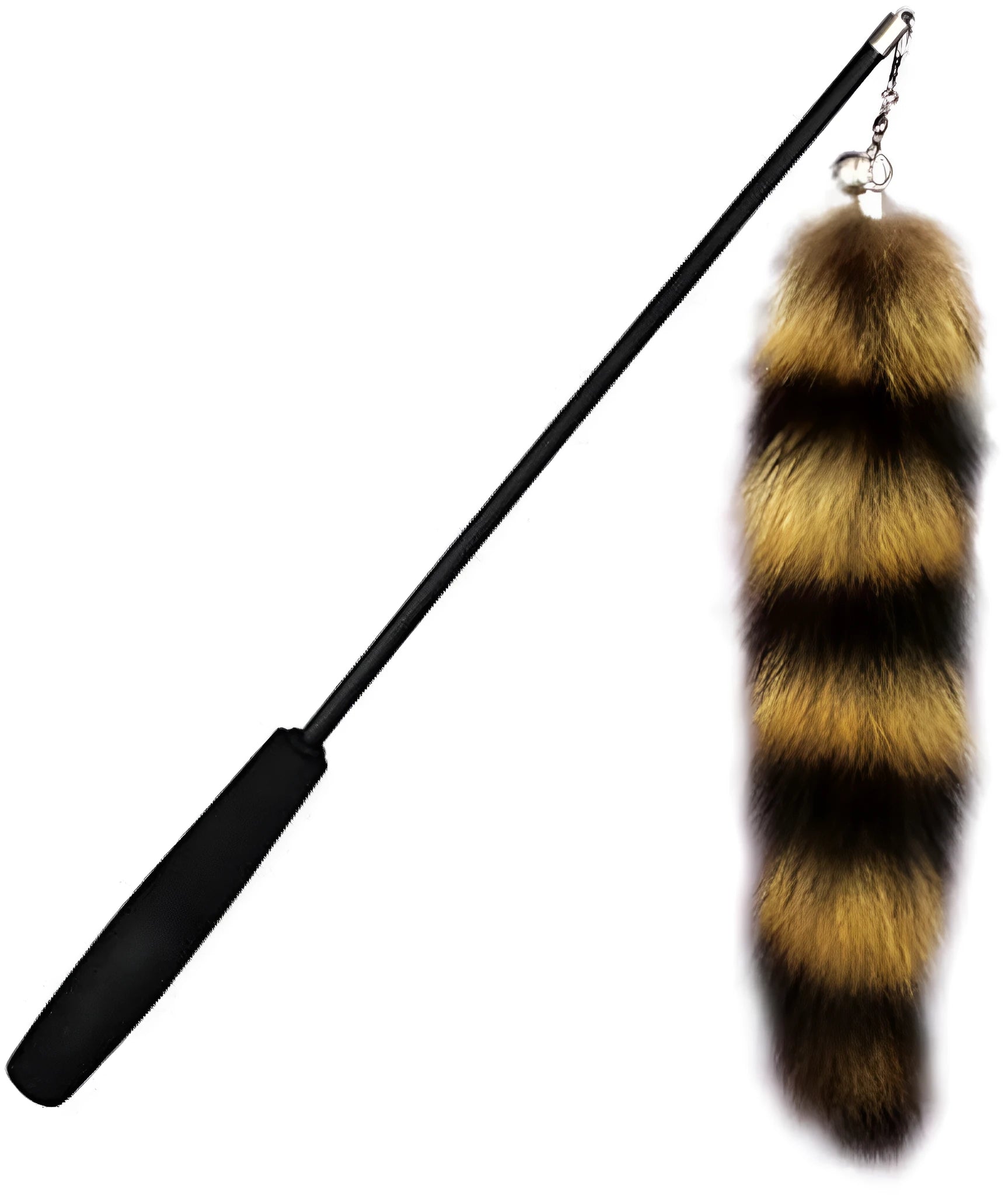 Black cat toy wand with a long elastic string and a feather teaser catcher for interactive play.