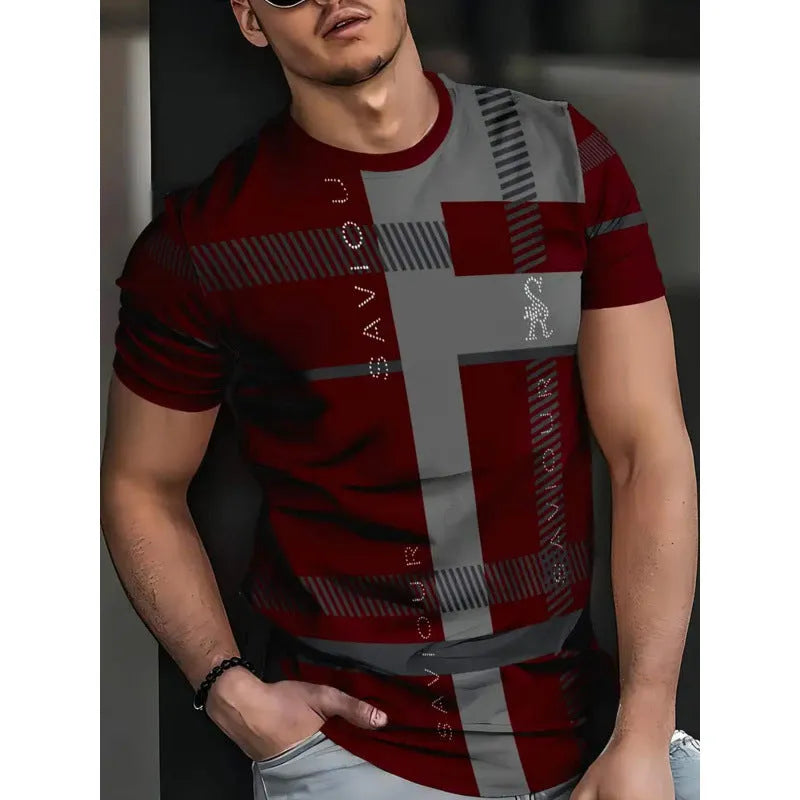 Men's loose fit digital printed T-shirt with striped pattern and short sleeves