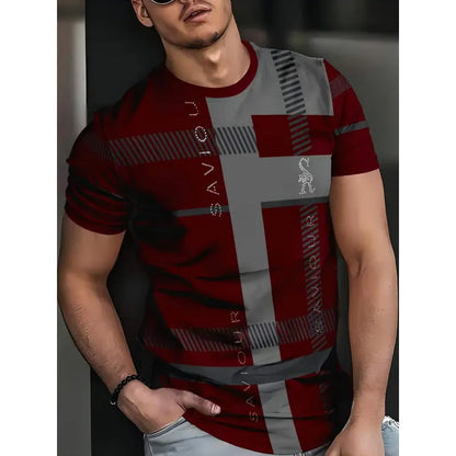 Men's loose fit digital printed T-shirt with striped pattern and short sleeves