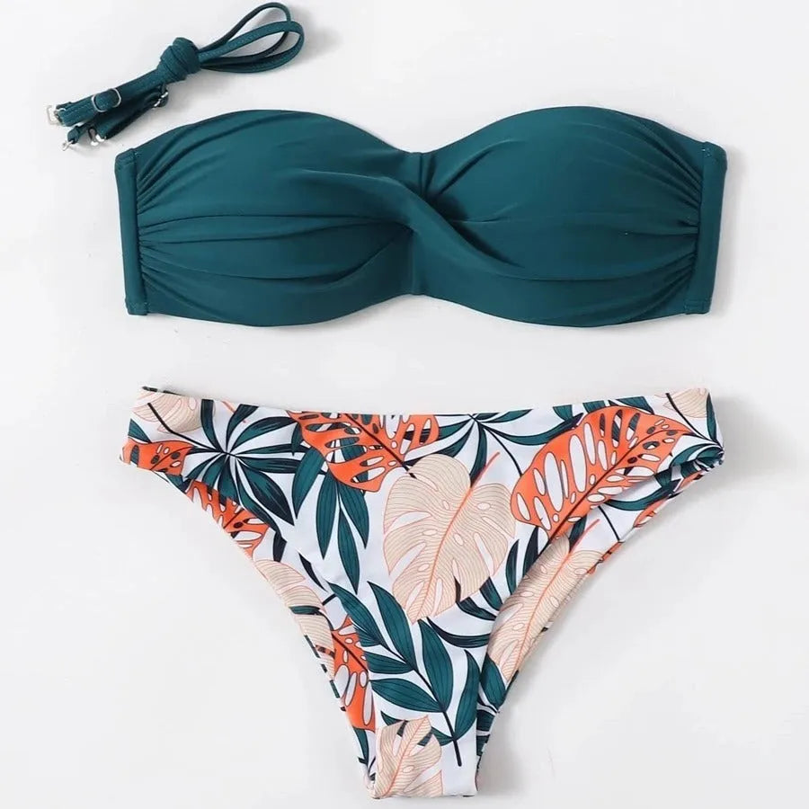 Green split push-up bikini swimsuit set with matching hard storage bag