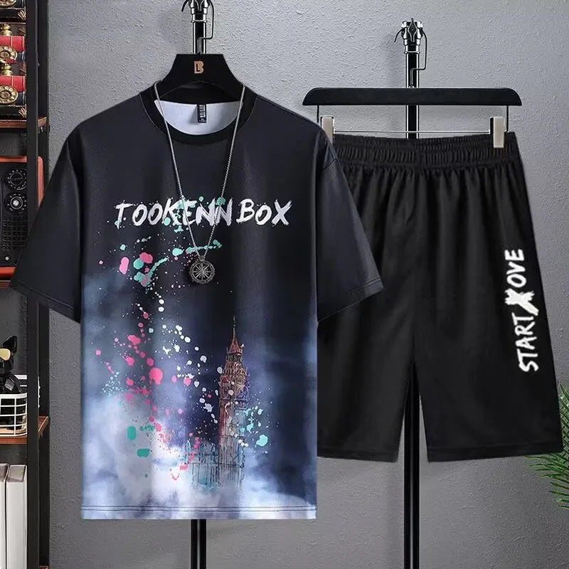 Men's summer shorts suit in lightweight ice silk polyester fabric with short sleeve top and matching shorts, sports and leisure style for daily wear in colours A43, A44, A45 and sizes M L XL 2XL 3XL 4XL 5XL