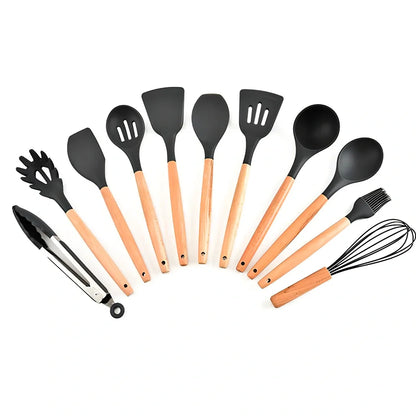 11-piece silicone kitchen utensil set with beech wood handles showing spoons and spatulas