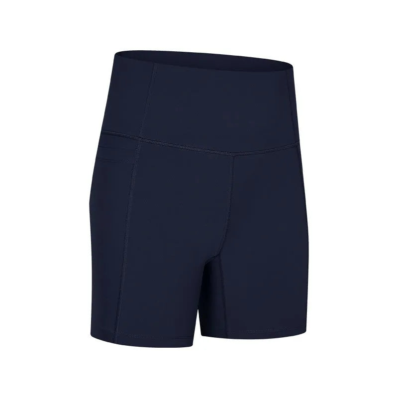 Women's tight-fitting cotton blend sports shorts in black, showing super stretch function and fifth pants length.