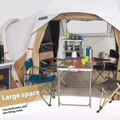 Inflatable four-person camping tent with one bedroom, one living room, rainfly and hand pump