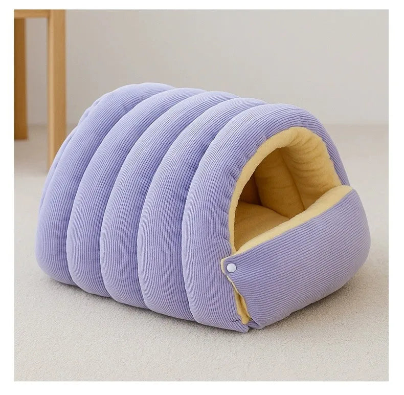 Closed cat house in PP cotton, removable washable winter pet sleeping nest, medium and large sizes, light beige, light green, light purple.