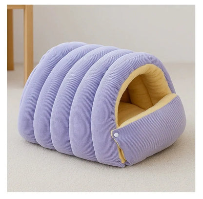Closed cat house in PP cotton, removable washable winter pet sleeping nest, medium and large sizes, light beige, light green, light purple.