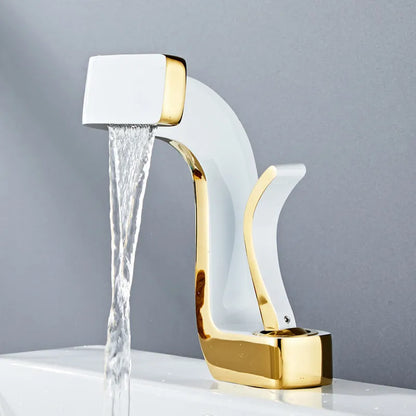 Copper vanity basin mixer tap with lift handle, shown in black and gold finish.