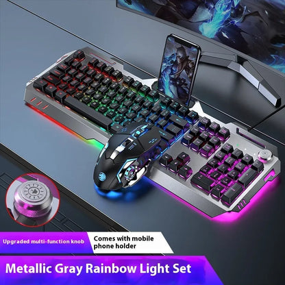 Aluminium alloy mechanical gaming keyboard with rainbow lighting, shown with a macro mouse and gaming headset.