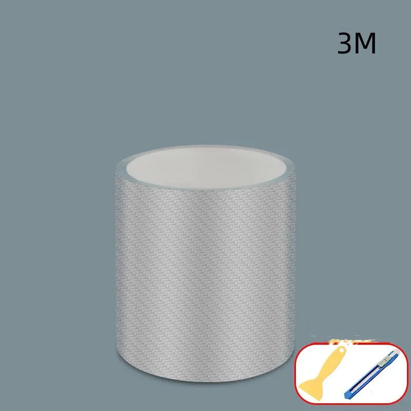 Carbon fibre grain transparent anti-collision protection strip roll for car doors with scraper and utility knife.
