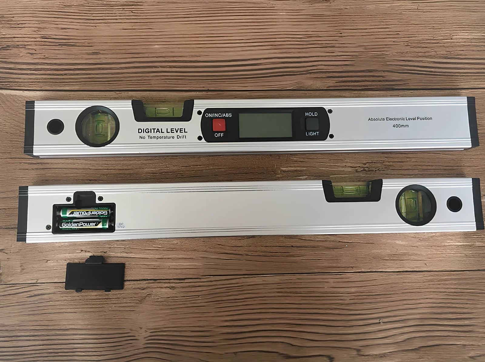 Digital magnetic angle meter with 400mm ruler length showing flip-up LCD display and four built-in magnets on base