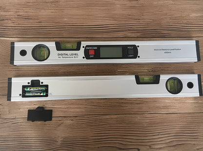 Digital magnetic angle meter with 400mm ruler length showing flip-up LCD display and four built-in magnets on base