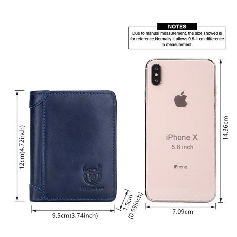 Men's casual leather wallet with a two-fold cover design, featuring a photo slot, bill holder, card slots, secret compartment, certificate slot, and check slot for organised daily essentials.