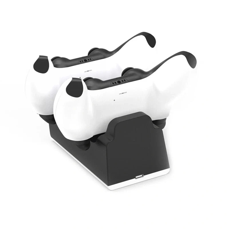 PS5 Wireless Controller Dual Charge Dock in black and white, charging two controllers simultaneously