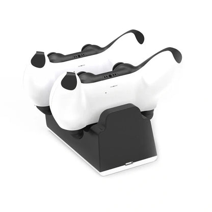 PS5 Wireless Controller Dual Charge Dock in black and white, charging two controllers simultaneously