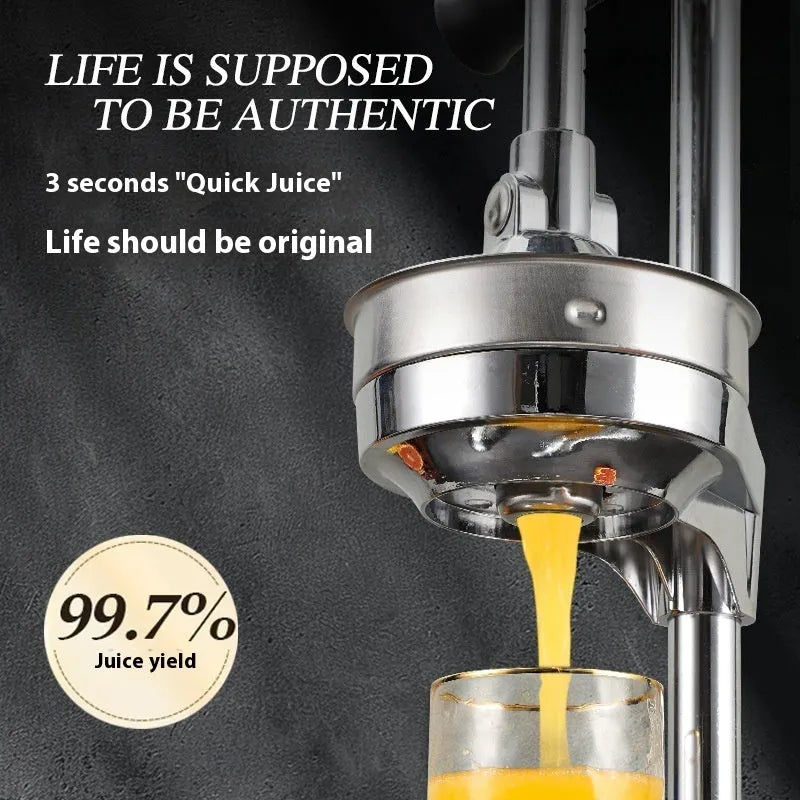 Vertical stainless steel manual juicer with zinc alloy handle in multiple colour and tip style combinations