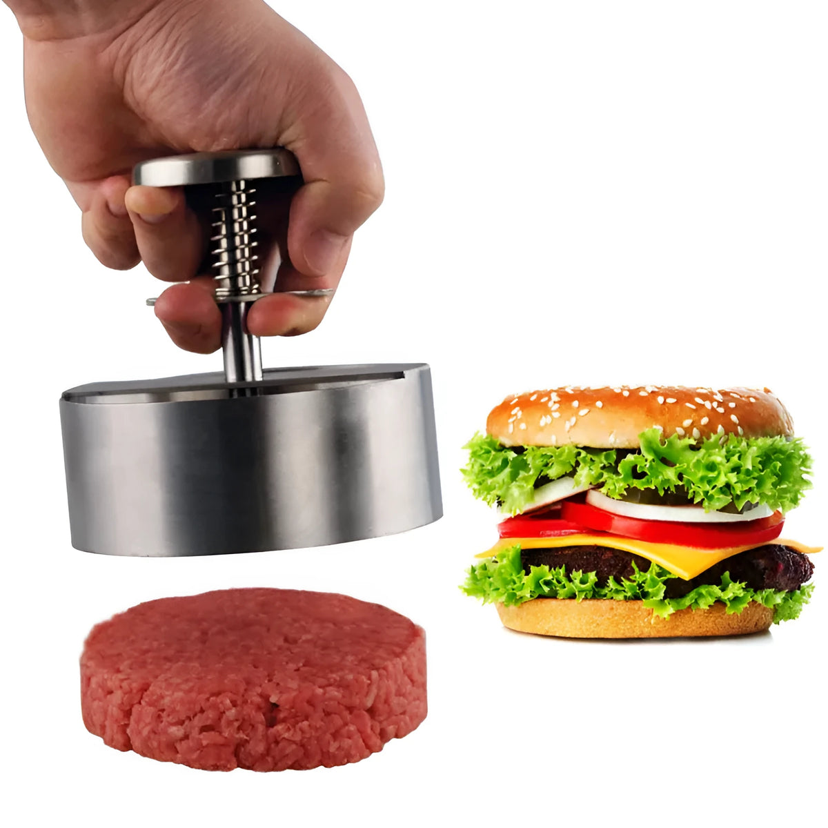 Silver stainless steel meat press mould for making burger patties