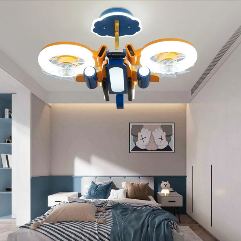 Ceiling fan light with fixed metal blades, modern acrylic lampshade, 220V voltage, remote control, bedroom and large room cooling and lighting solution, simple style contemporary design