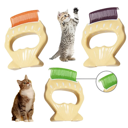 Green shell shaped pet grooming comb with bent wire bristles for removing loose hairs from dogs and cats
