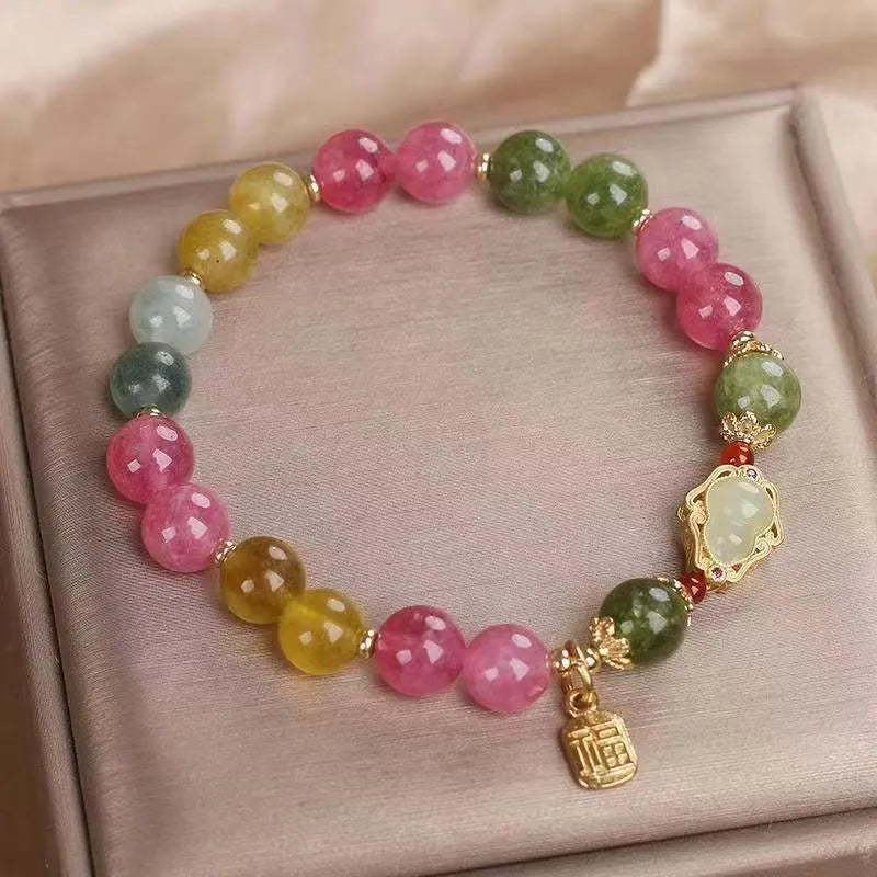 Gourd Blessing Card Bracelet for women, colourful tourmaline electroplated mixed-material floral design bracelet with affordable luxury style.