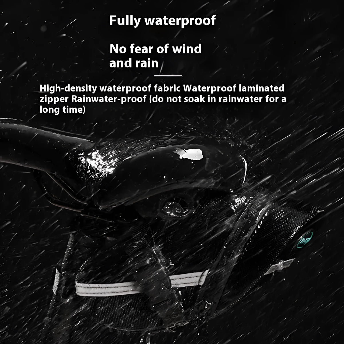 Black cycling saddle bag with quick-release mount showing 20x8x6cm dimensions on bicycle