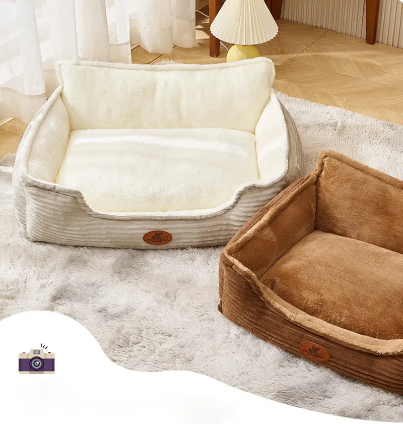 Coffee coloured removable washable pet kennel cushion bed for small medium dogs cats on a wooden floor