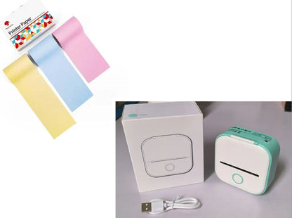 Compact Bluetooth-enabled thermal label printer in white, pink, and green colors with various label options