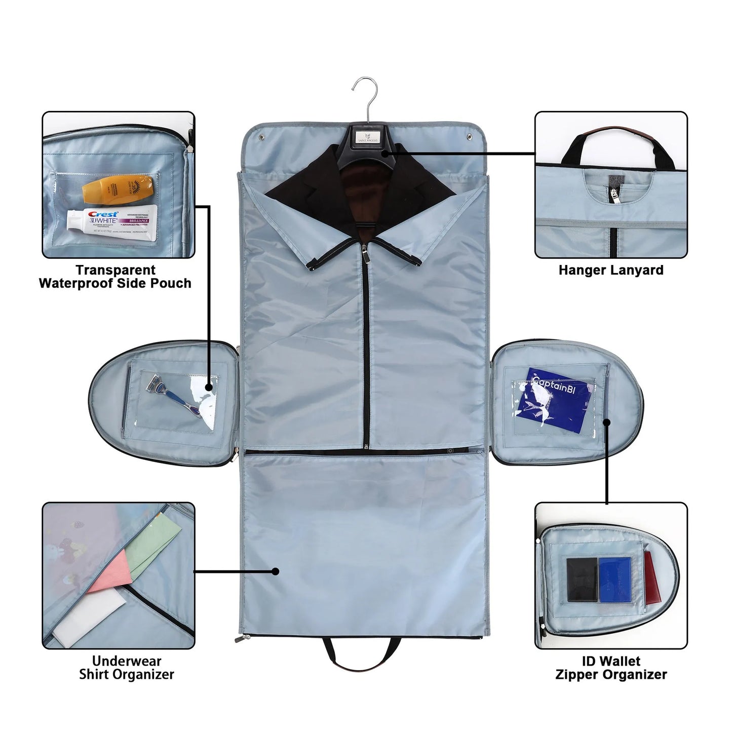 Folding duffel travel bag in dark blue Oxford cloth, shown packed and folded flat.