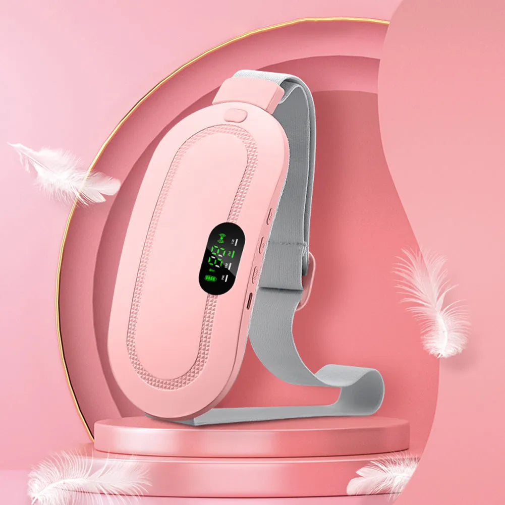 Smart electric heating and vibration massage waist belt with USB charger and screen display controller.