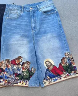 Blue tapered cotton shorts with Jesus print on back pocket