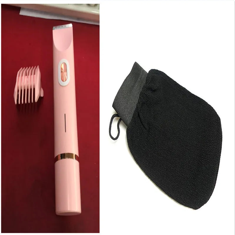 Pink electric shaver with double head, USB cable, and brush for women's body grooming