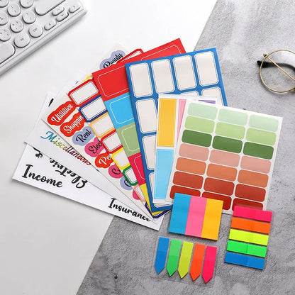 Handwritten label adhesive sticker set showing grid layouts, sticky notes, and A6 rulers on paper