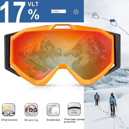 Motorcycle goggles with double-layer anti-fog lens and black TPU frame on a storage cloth bag.