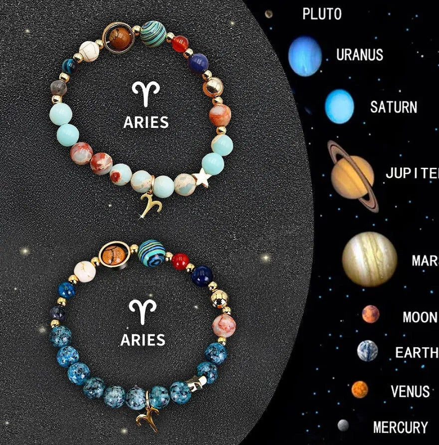 Natural stone zodiac bracelet set showing two adjustable bracelets with bead designs for astrological signs