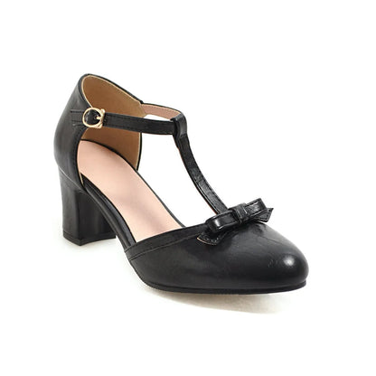 Women's apricot chunky heel sandals with bow tie, hollow-out detail, and an adjustable buckle strap.