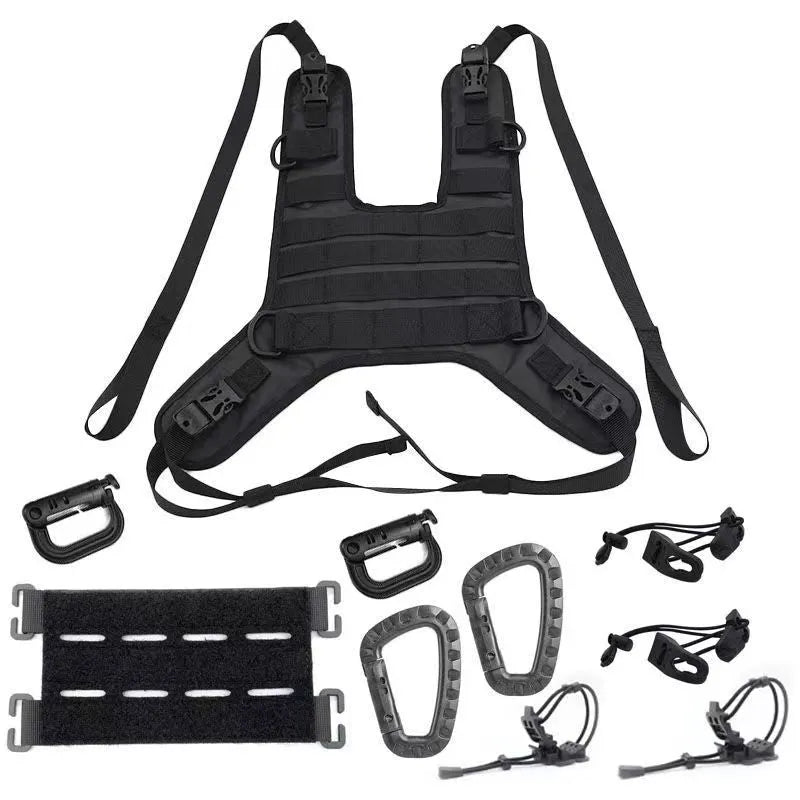 Universal black vest fuel tank bag mounting base for motorcycle tank bag, shown as a vest-style mount base