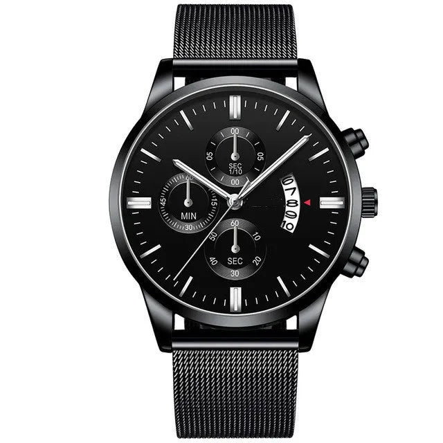 Men's stainless steel mesh band quartz watch with analog dial on a wrist.