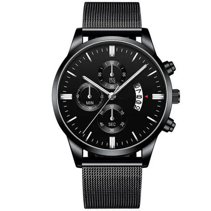 Men's stainless steel mesh band quartz watch with analog dial on a wrist.