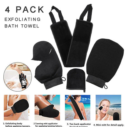 Premium self-tanning applicator kit with exfoliating glove, tanning mitt, and back applicator for a flawless, streak-free tan