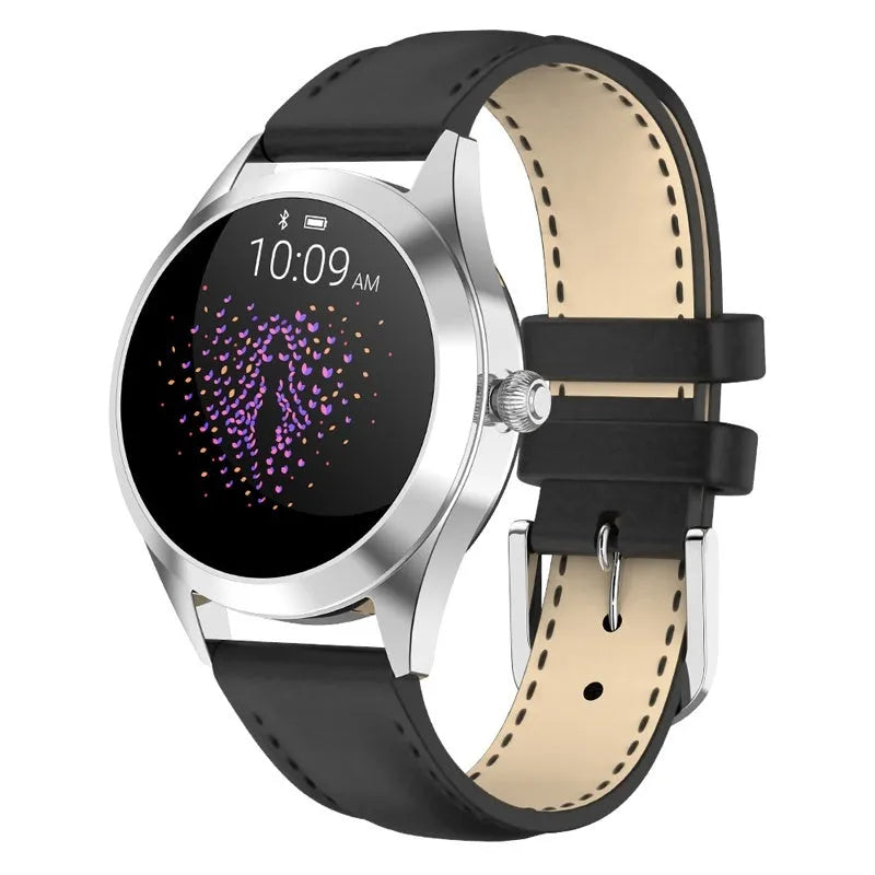 Women's sports smartwatch showing heart rate monitoring and available in black, rose gold, silver, or white colours.