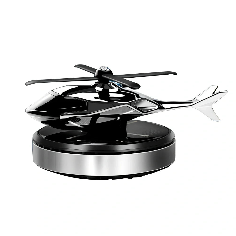 Solar helicopter car air freshener with rotating propeller and metal construction