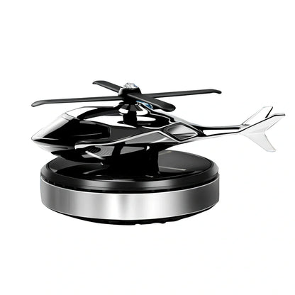 Solar helicopter car air freshener with rotating propeller and metal construction