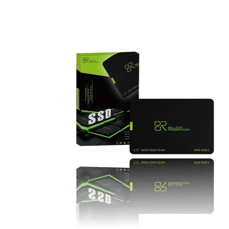 Black 2.5-inch SATA solid state drive with plastic casing, shown alongside capacity options.