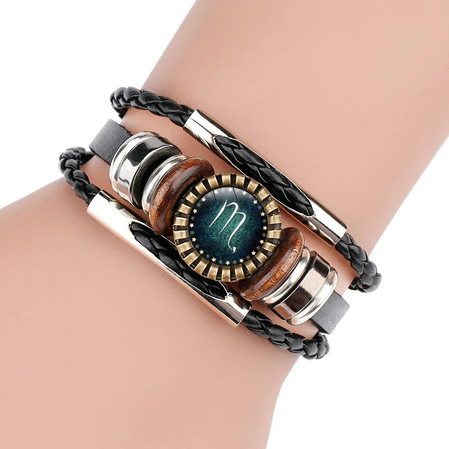 Premium 12-Sign Zodiac Leather Bracelet for Men, featuring captivating glass art and adjustable leather design