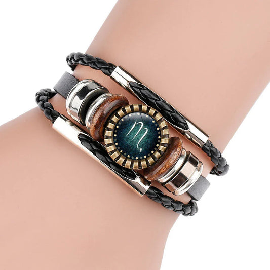 Premium 12-Sign Zodiac Leather Bracelet for Men, featuring captivating glass art and adjustable leather design