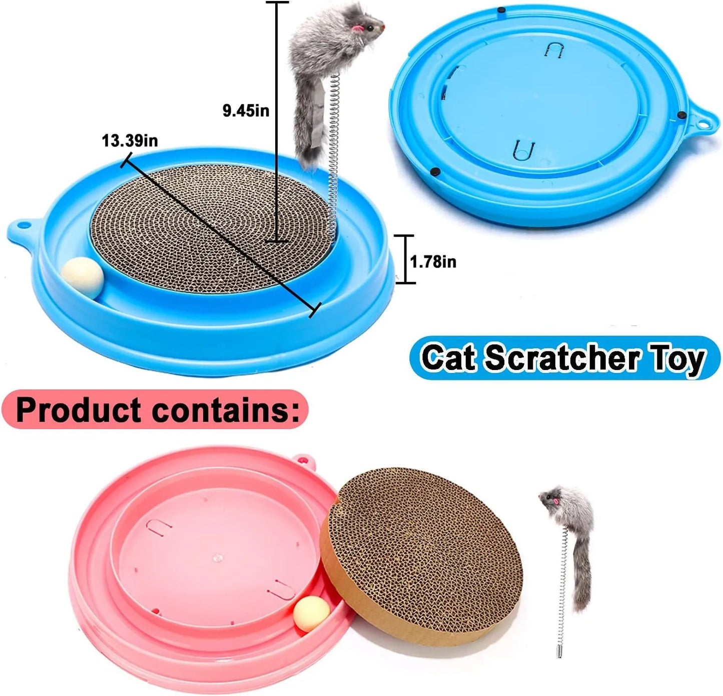 Blue cat scratcher with ball track and replaceable 9.7-inch cardboard pad measuring 40x40cm