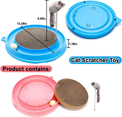 Blue cat scratcher with ball track and replaceable 9.7-inch cardboard pad measuring 40x40cm
