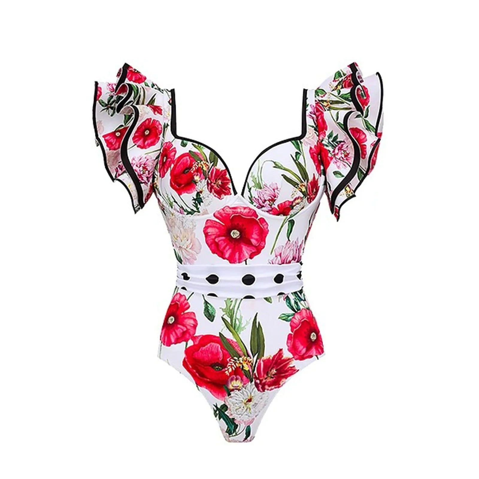 Women's printed one-piece swimsuit in rose pink on a mannequin.