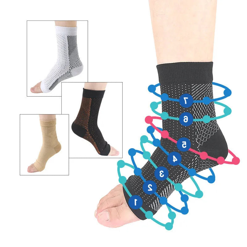 Korean-style sports compression socks in black, white, skin colour, and copper colours with short tube design